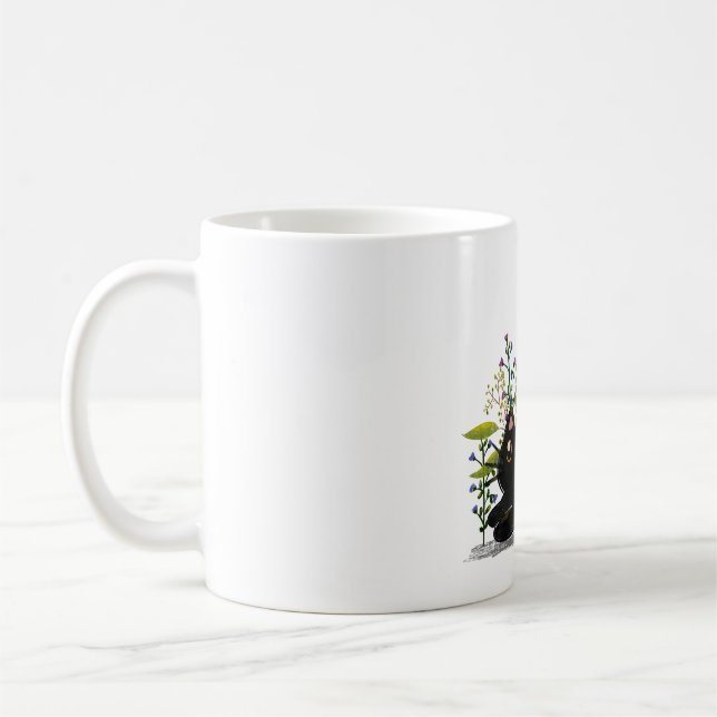 Playful Black Cat with Flowers – Cute Botanical Coffee Mug (Left)