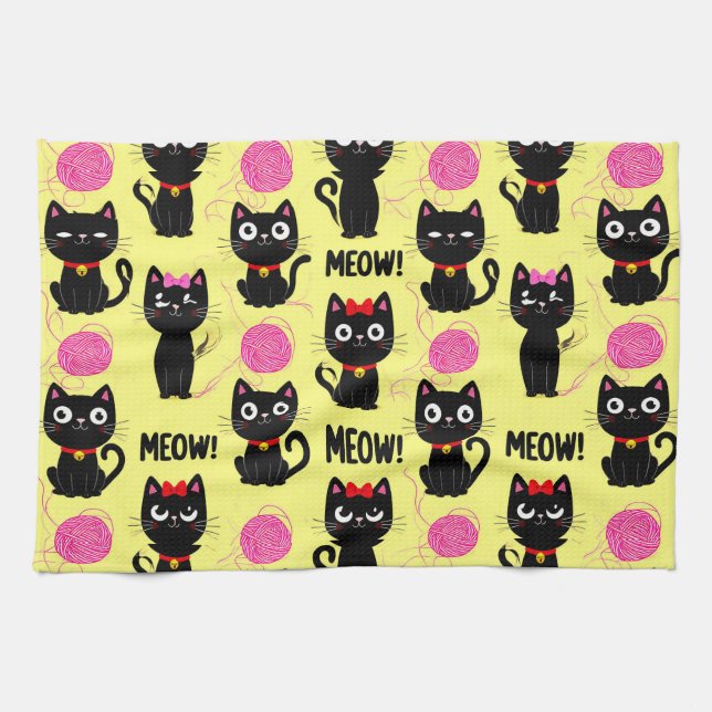 Playful Black Cats With Yarn Balls Pattern Kitchen Towel (Horizontal)