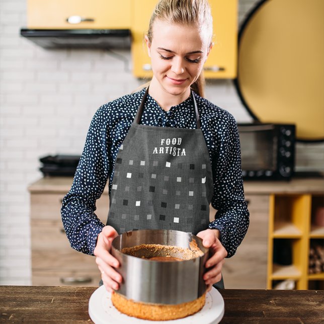 Playful Black grey Pixels Custom Food Artista Text Apron (Creator Uploaded)