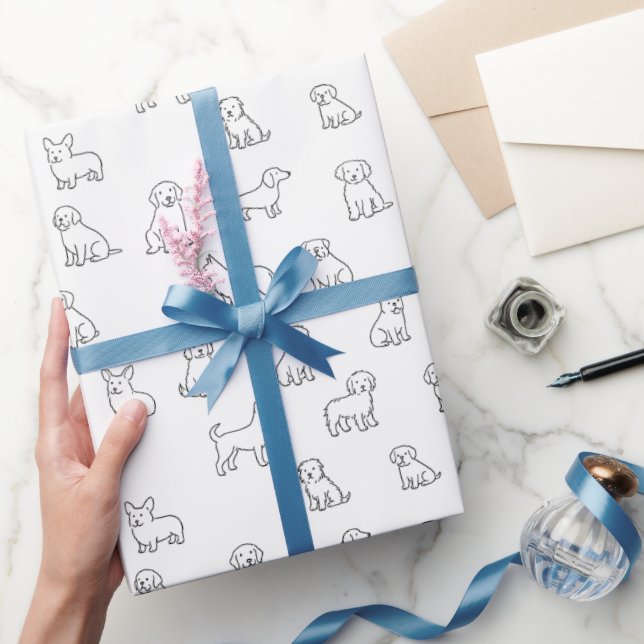 Playful Black & White Hand-Drawn Dog Pattern  Wrapping Paper (Gifting)