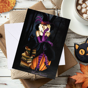 Playful Blonde Witch Pumpkin Purple Fantasy  Card