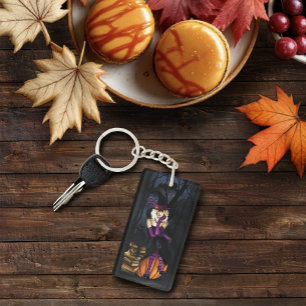Playful Blonde Witch Pumpkin Purple Fantasy Keychain