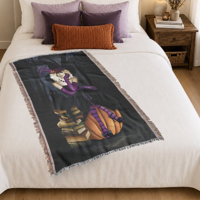 Playful Blonde Witch Pumpkin Purple Fantasy  Throw Blanket (Creator Uploaded)