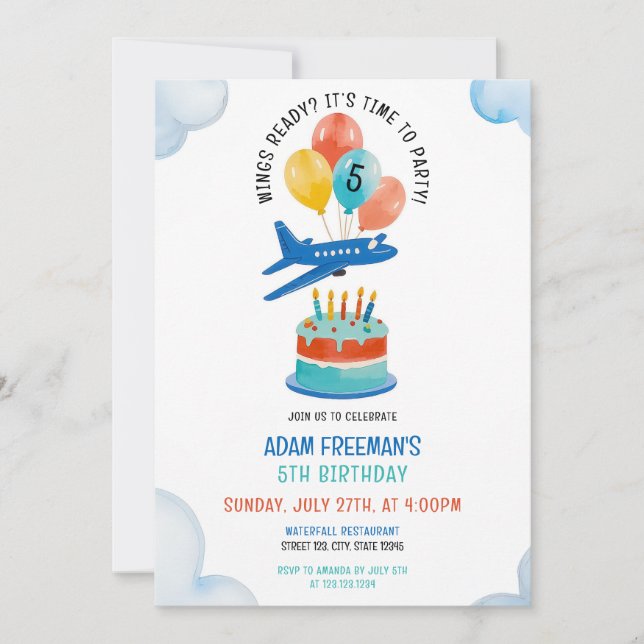 Playful Blue Airplane Boys 5th Birthday Invitation (Front)