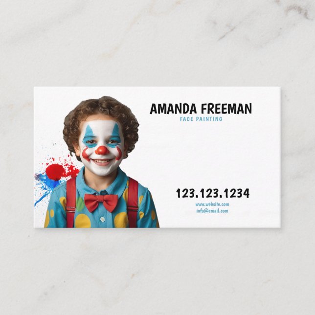 Playful Blue and White Clown Face Painting Business Card (Front)