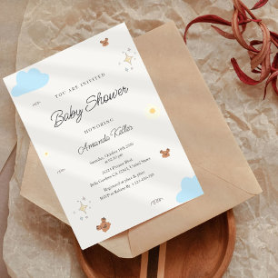 Playful Blue & Brown Bear Baby Shower Invitation