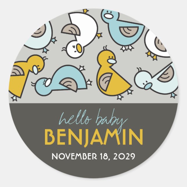 Playful Blue Cartoon Ducks Hello Baby Boy Sticker (Front)