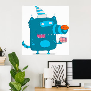 Playful Blue Cartoon Monster with Party Hat Poster