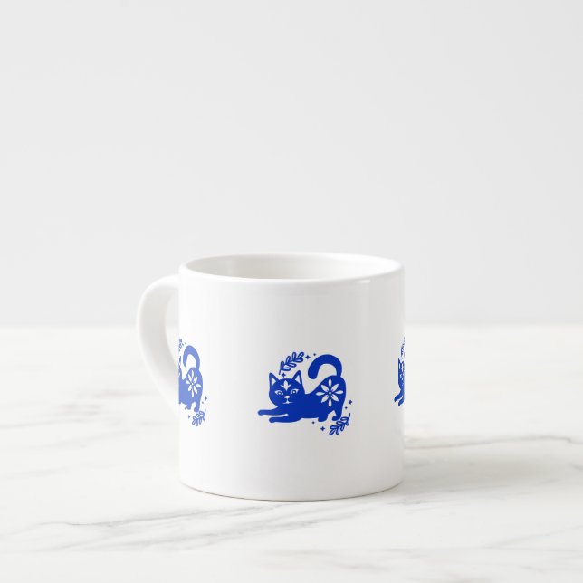 Playful Blue Cat Espresso Cup – CozyBun (Front Left)