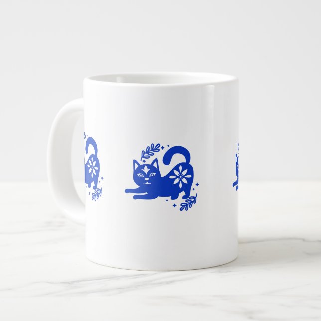 Playful Blue Cat Jumbo Coffee Mug – CozyBun (Front Left)