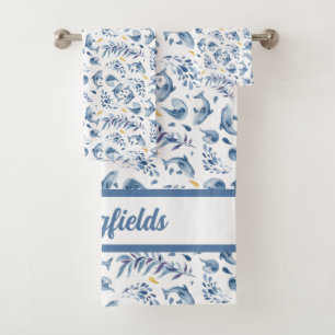 Playful Blue Dolphins and Waves  Bath Towel Set
