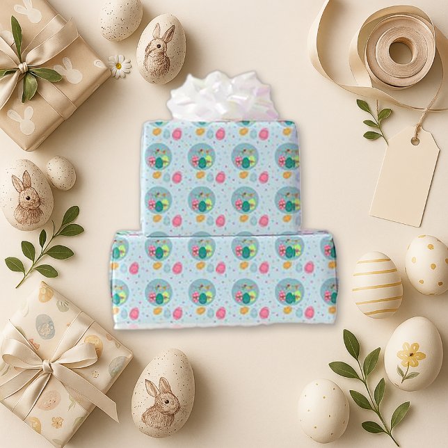 Playful Blue Pastel Bunny Egg Easter Wrapping Paper (Creator Uploaded)