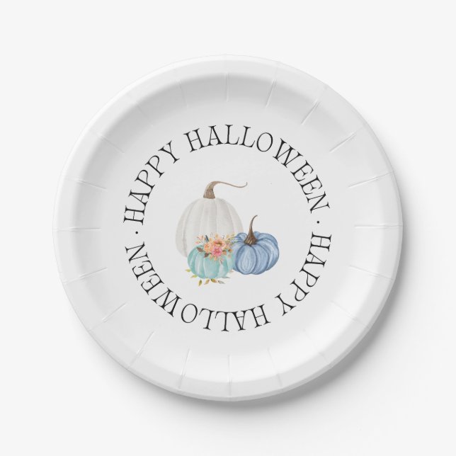 Playful Blue Pumpkins Happy Halloween Paper Plate (Front)