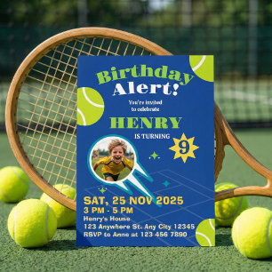 Playful Blue Tennis Kids Birthday Party Invitation