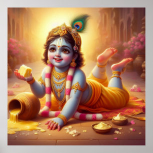 Playful Blue Traditional Bala Krishna Art Design Poster