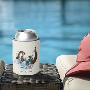 Playful Blue Whimsical River Otter Splash Cute Can Cooler