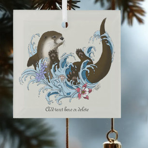 Playful Blue Whimsical River Otter Splash Cute Glass Ornament