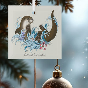 Playful Blue Whimsical River Otter Splash Cute Glass Ornament