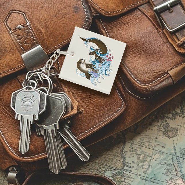 Playful Blue Whimsical River Otter Splash Cute Keychain (Creator Uploaded)
