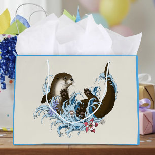 Playful Blue Whimsical River Otter Splash Cute Large Gift Bag