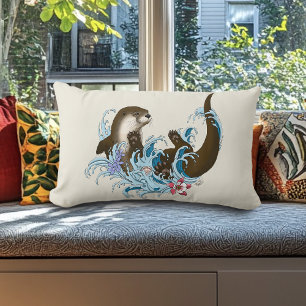 Playful Blue Whimsical River Otter Splash Cute Lumbar Pillow