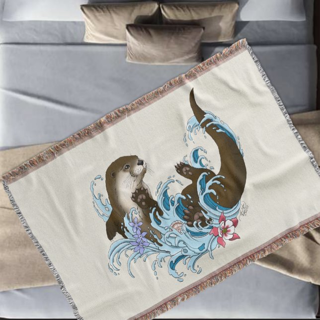 Playful Blue Whimsical River Otter Splash Cute Throw Blanket (Creator Uploaded)