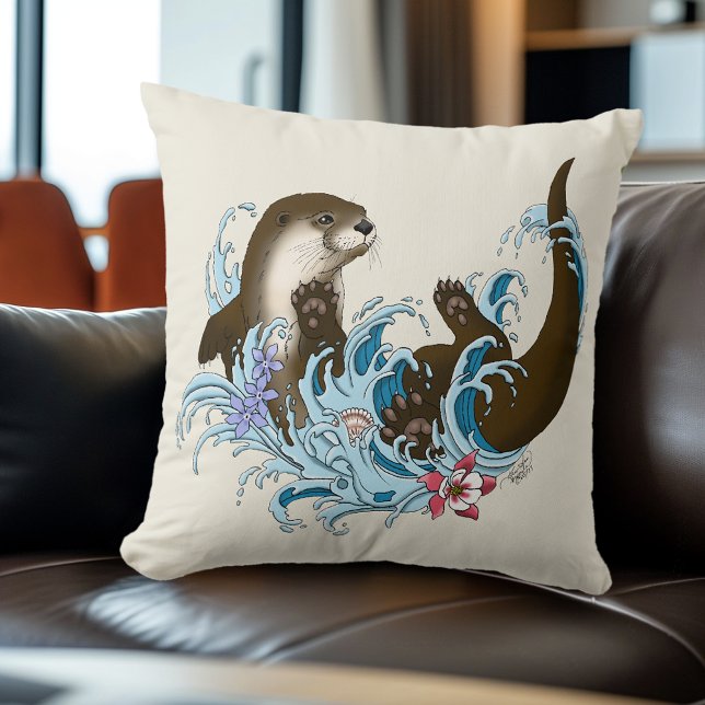 Playful Blue Whimsical River Otter Splash Cute Throw Pillow (Creator Uploaded)