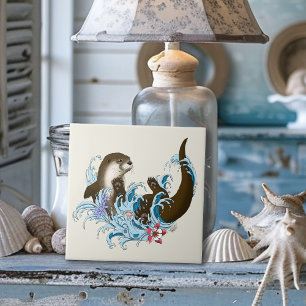 Playful Blue Whimsical River Otter Splash Cute Tile