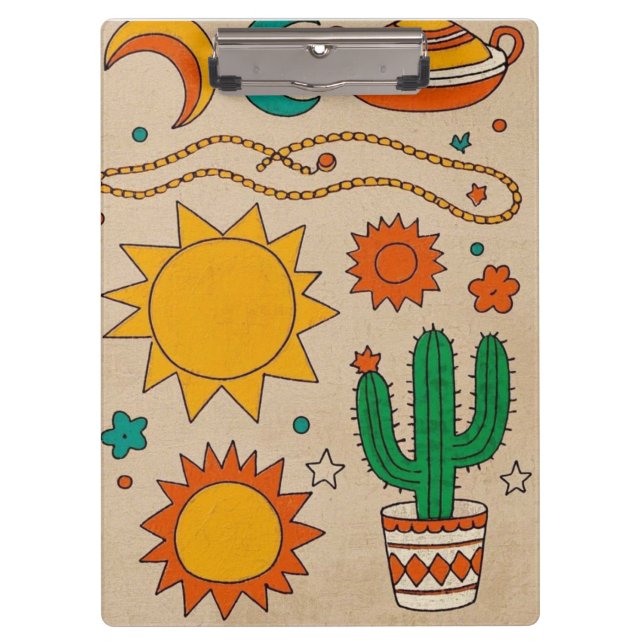 Playful Bohemian Patterns Hand-drawn suns, moons Clipboard (Front)