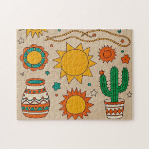 Playful Bohemian Patterns Hand-drawn suns, moons Jigsaw Puzzle