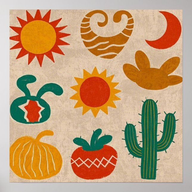 Playful Bohemian Patterns Hand-drawn suns, moons Poster (Front)