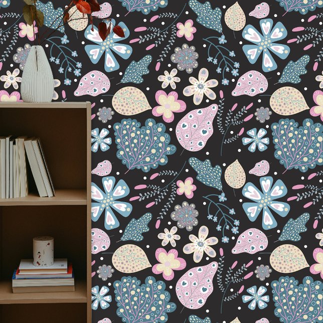 Playful Boho Folk Art Pastel Florals and Leaves Wallpaper (Creator Uploaded)