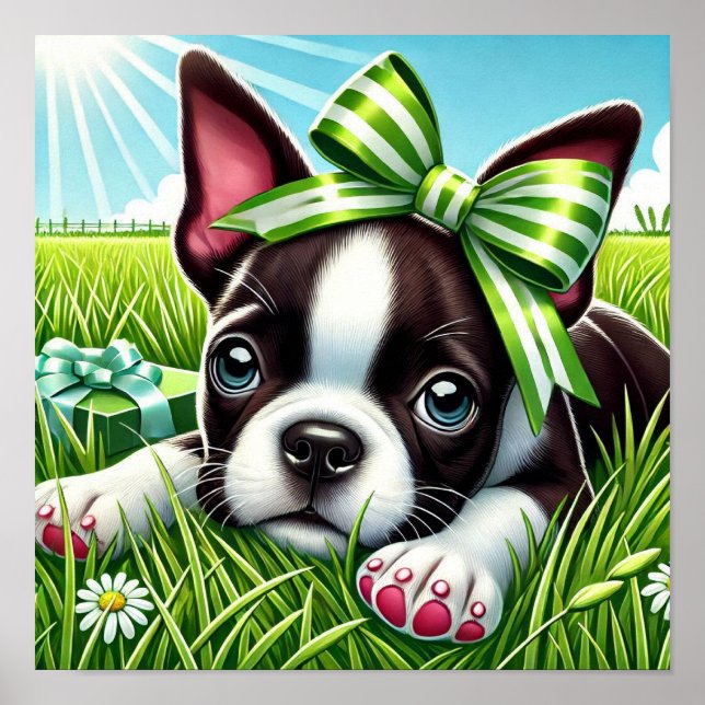 Playful Boston Terrier Puppy with Green Bow Poster (Front)