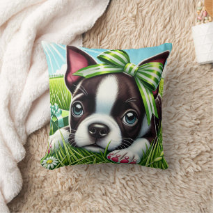 Playful Boston Terrier Puppy with Green Bow Throw Pillow