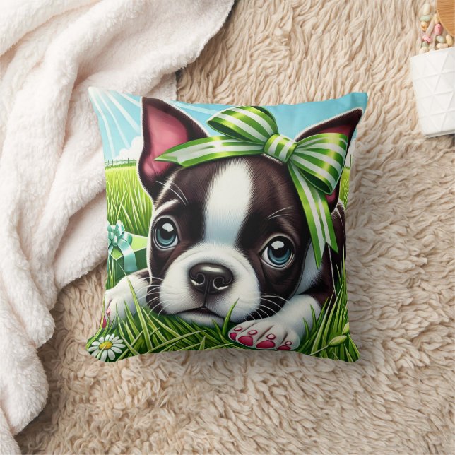 Playful Boston Terrier Puppy with Green Bow Throw Pillow (Blanket)