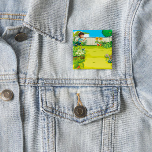 Playful Boy Running in a Lush Green Backyard 2 Inch Square Button