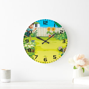 Playful Boy Running in a Lush Green Backyard  Large Clock