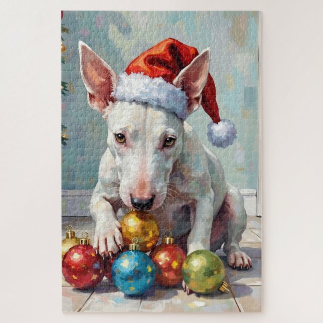 Playful Bull Terrier Dog Guarding Christmas Jigsaw Puzzle (Vertical)