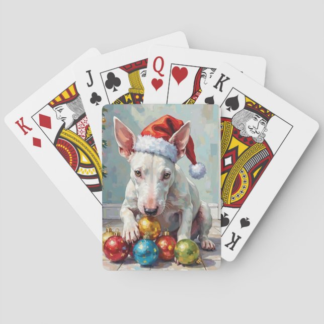 Playful Bull Terrier Dog Guarding Christmas Playing Cards (Back)