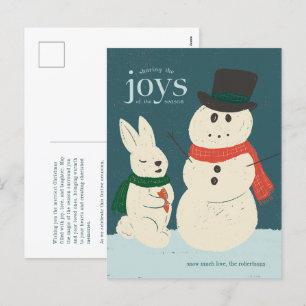 Playful Bunny & Snowman Illustrated Holiday Card