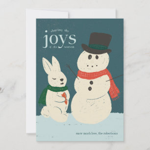 Playful Bunny & Snowman Illustrated Holiday Card