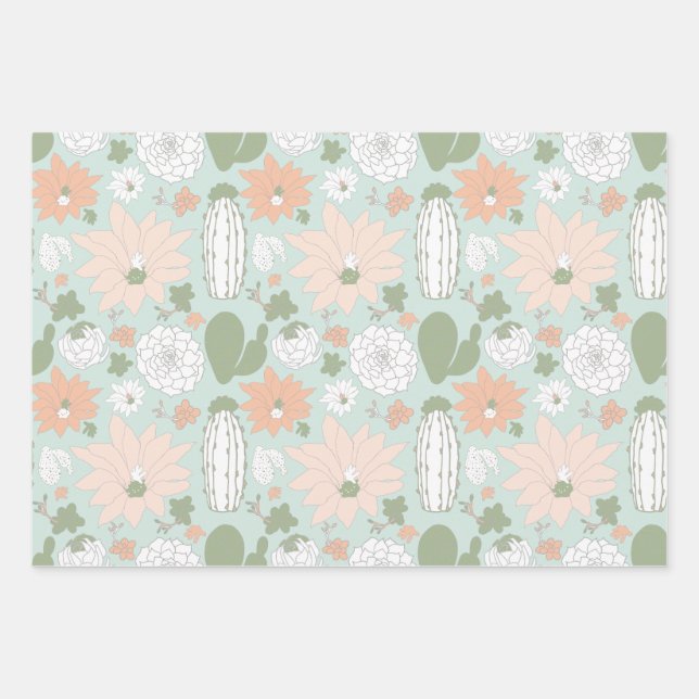 Playful Cacti Peach Green Floral Print Wrapping Paper Sheet (Front)