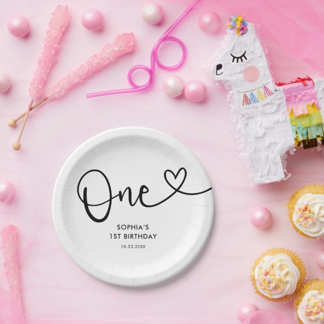 Playful Calligraphy Minimalist White 1st Birthday Paper Plate (Party)
