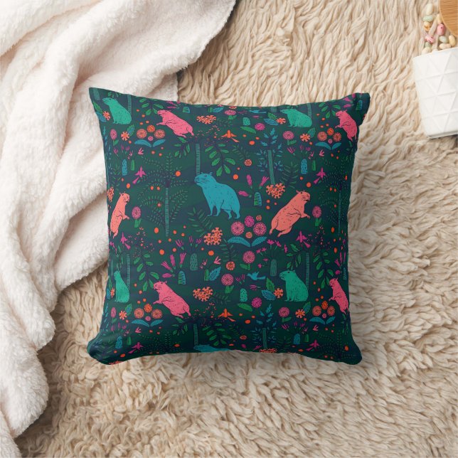Playful Capybara in the Forest – Tropical Seamless Throw Pillow (Blanket)