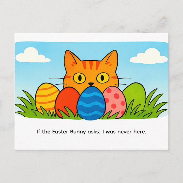 Playful Cartoon Cat Hiding Behind Easter Eggs Postcard (Front)