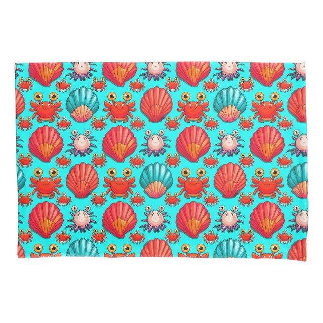 Playful Cartoon Crabs and Seashells Pattern Pillowcase (Front)