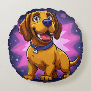Playful Cartoon Dog with Vibrant Colours Round Pillow