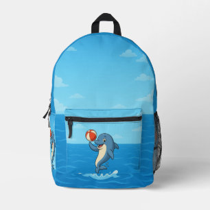 Playful Cartoon Dolphin with Beach Ball Printed Backpack