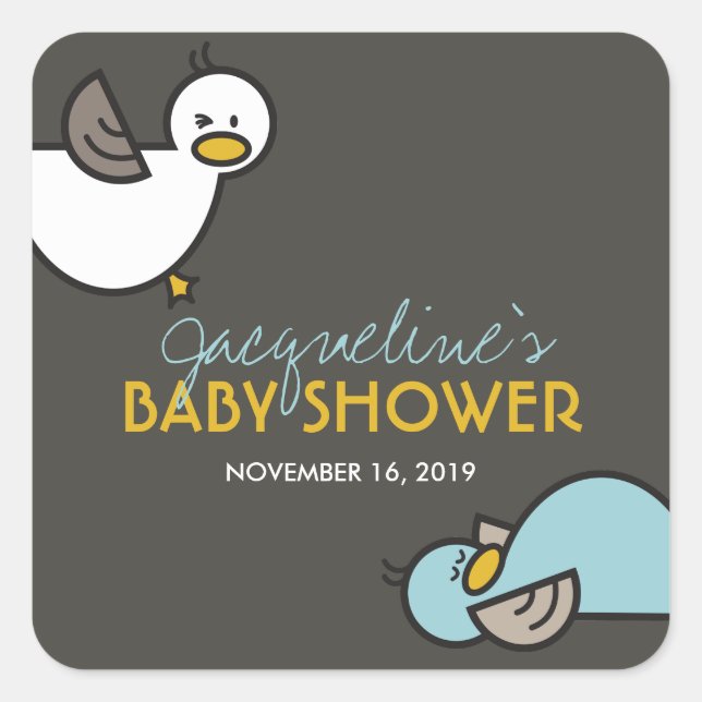 Playful Cartoon Duck Boy Twins Baby Shower Sticker (Front)