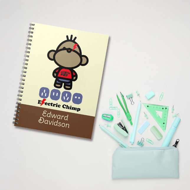 Playful Cartoon Electric Monkey Custom Name Notebook (Creator Uploaded)